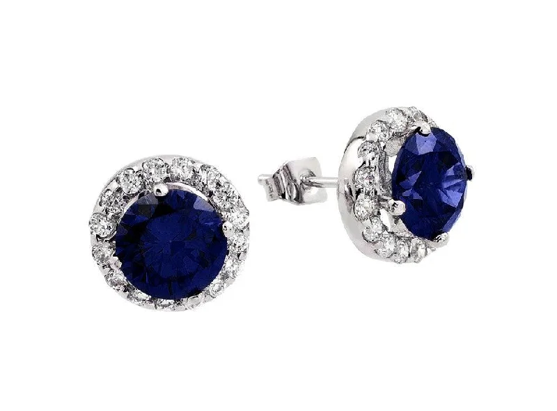 Silver 925 Rhodium Plated Blue round CZ Stud Earrings - BGE00368B