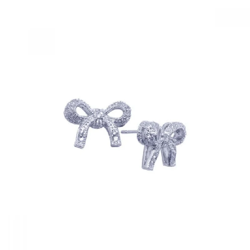 Silver 925 Rhodium Plated Bowtie CZ Stud Earrings - STE00608