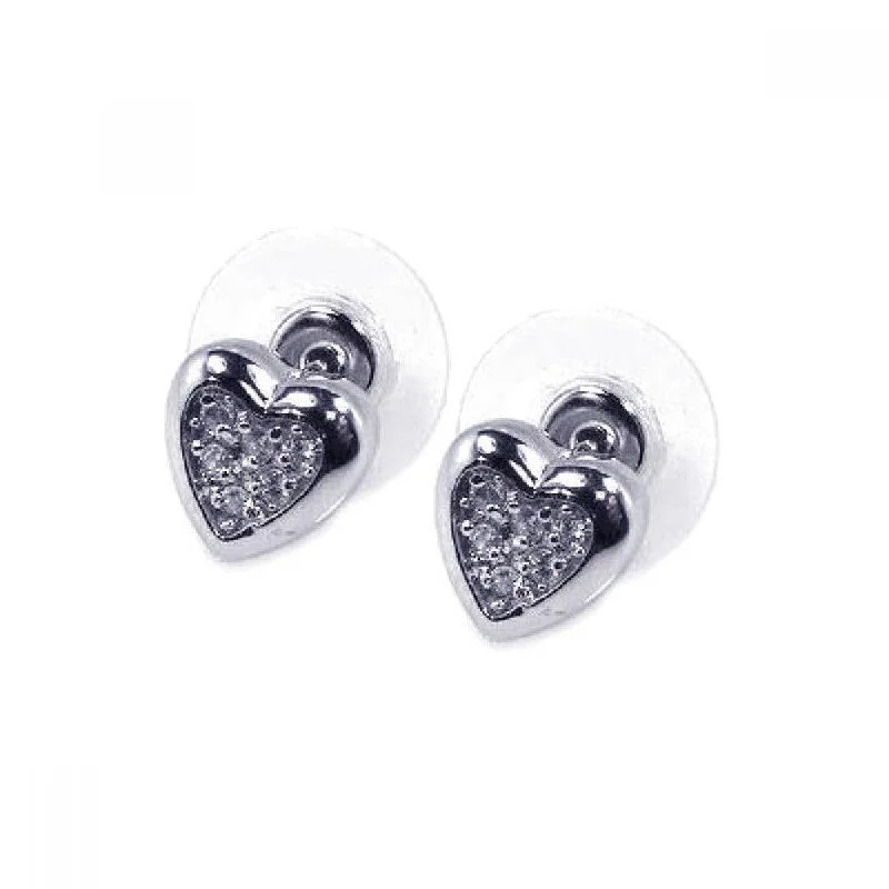 Silver 925 Rhodium Plated Clear Heart Inlay CZ Stud Earrings - BGE00055