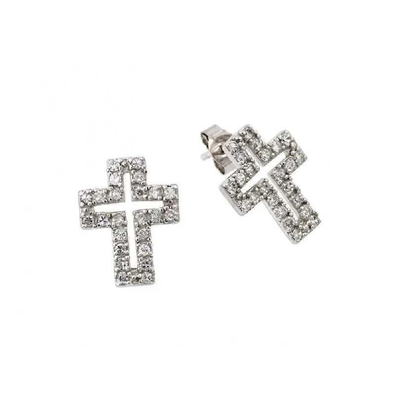 Silver 925 Rhodium Plated Cross Clear CZ Inlay Stud Earrings - STE00023