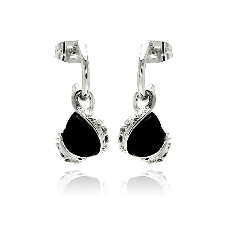 Silver 925 Rhodium Plated CZ Black Teardrop Onyx Dangling Stud Earrings - BGE00237