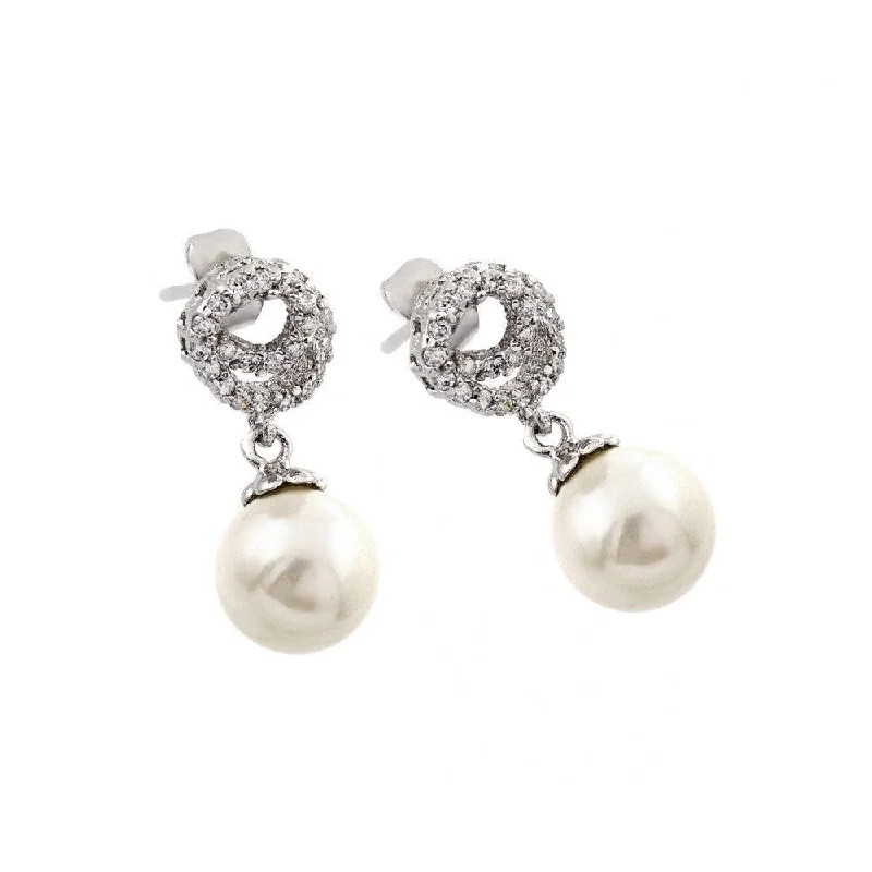 Silver 925 Rhodium Plated CZ Dangling Pearl Stud Earrings - BGE00244