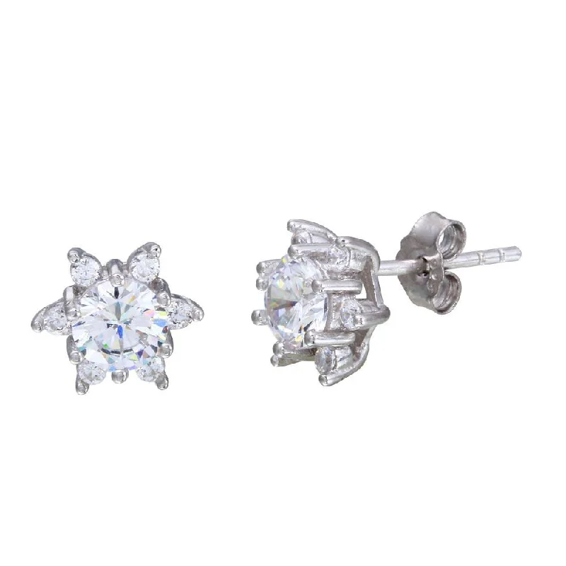 Rhodium Plated 925 Sterling Silver CZ Snow Flakes Stud Earrings - STE01105