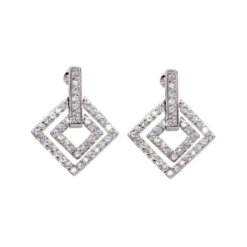 Silver 925 Rhodium Plated CZ Rectangular Stud Earrings - STE00028