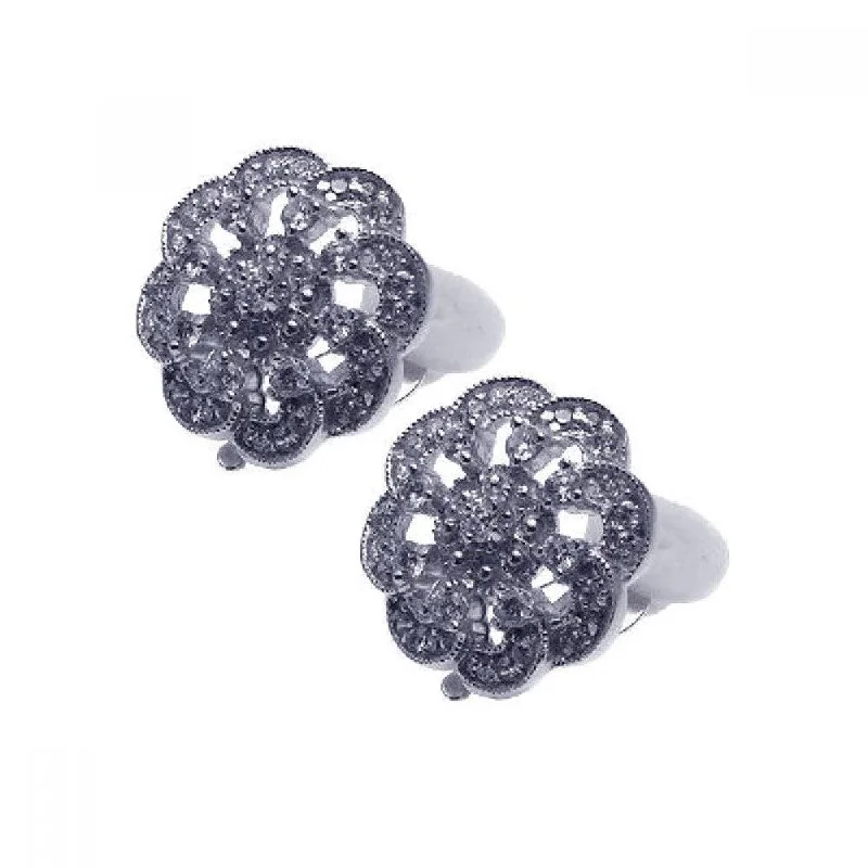 Silver 925 Rhodium Plated Flower Cluster CZ Stud Earrings - STE00933