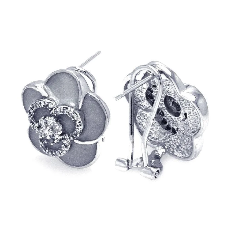 Clearance-Silver 925 Rhodium Plated Flower CZ Stud Earrings - BGE00121