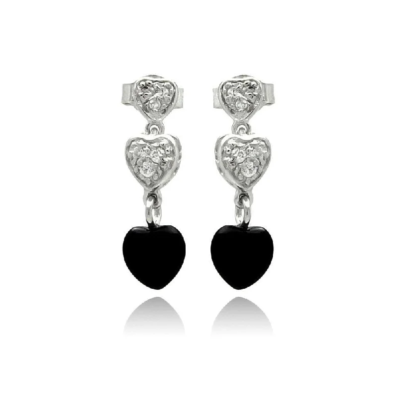 Silver 925 Rhodium Plated Graduated Heart Round Clear CZ Black Onyx Dangling Stud Earrings - STE00771