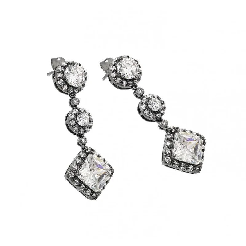 Silver 925 Rhodium Plated Graduated Round Square CZ Stud Earrings BGE00279