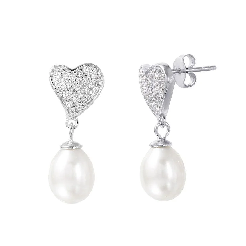 Silver 925 Rhodium Plated Heart Synthetic Pearl Pave CZ Dangling Stud Earrings - STE01003