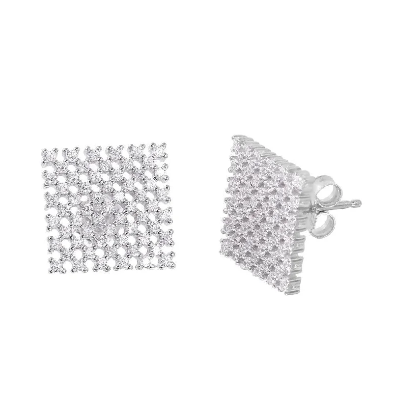 Silver 925 Rhodium Plated Large Checkered CZ Stud Earrings - ACE00080RH