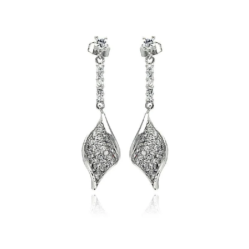 Silver 925 Rhodium Plated Leaf CZ Inlay Dangling Stud Earrings - BGE00269