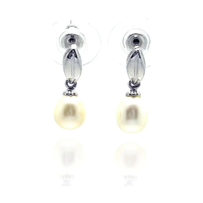 Silver 925 Rhodium Plated Leaf Marquise Fresh Water Pearl Dangling Stud Earrings - BGE00112