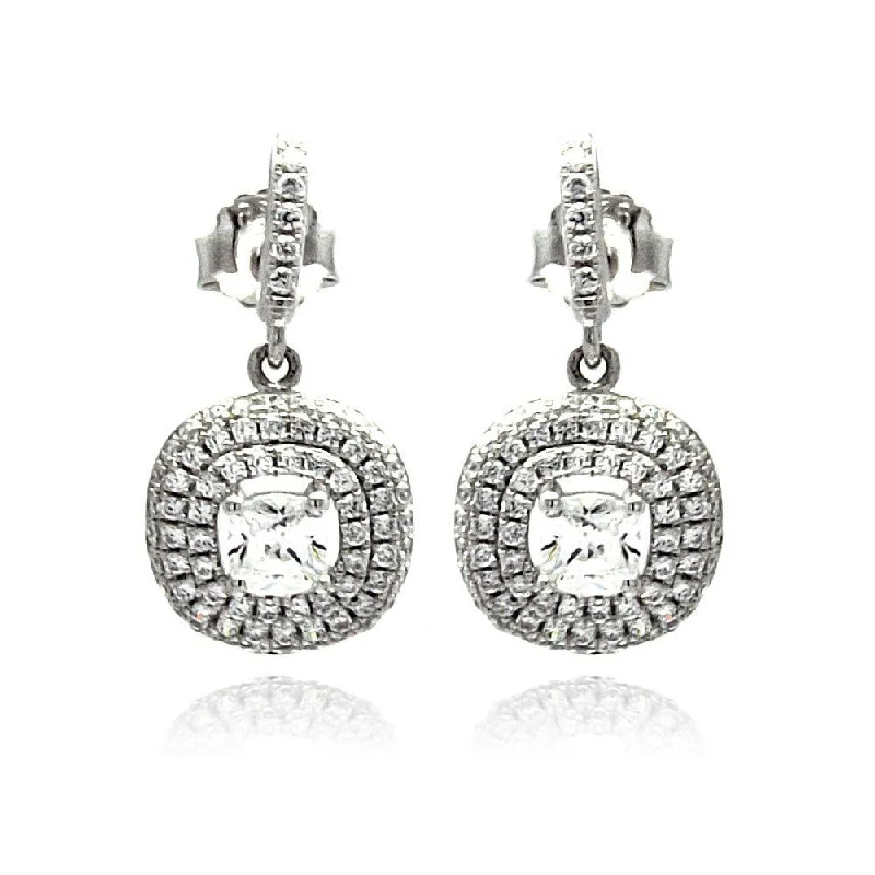 Silver 925 Rhodium Plated Micro Pave Clear CZ Round Dangling Stud Earrings - ACE00074