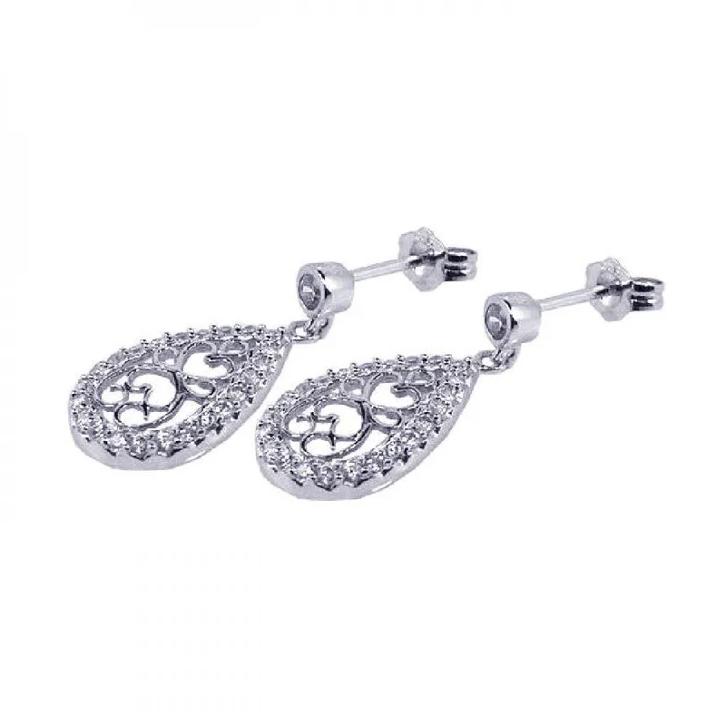 Clearance-Silver 925 Rhodium Plated Micro Pave Clear Filigree CZ Dangling Stud Earrings - ACE00032