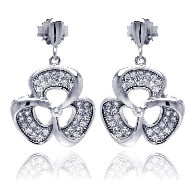 Silver 925 Rhodium Plated Micro Pave Clear Flower CZ Dangling Stud Earrings - ACE00049