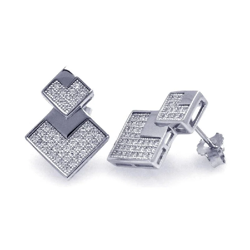 Silver 925 Rhodium Plated Micro Pave Clear Graduate Square CZ Stud Earrings - ACE00036