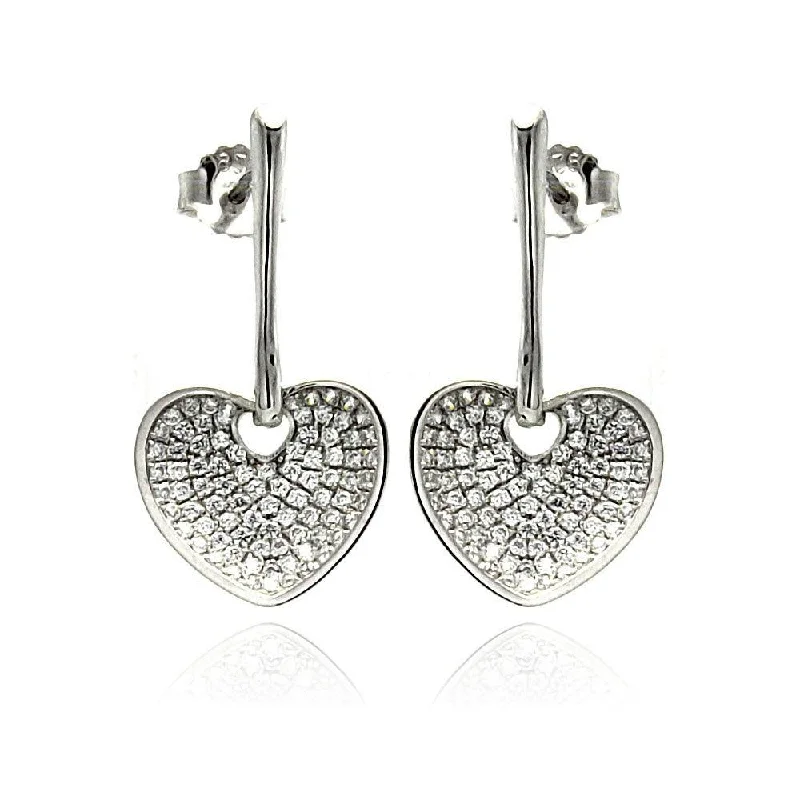 Silver 925 Rhodium Plated Micro Pave Clear Heart CZ Dangling Stud Earrings - ACE00075