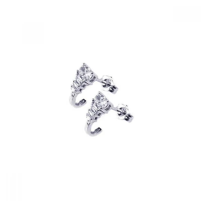 Silver 925 Rhodium Plated Micro Pave Clear J Hook CZ Post Stud Earrings - ACE00026