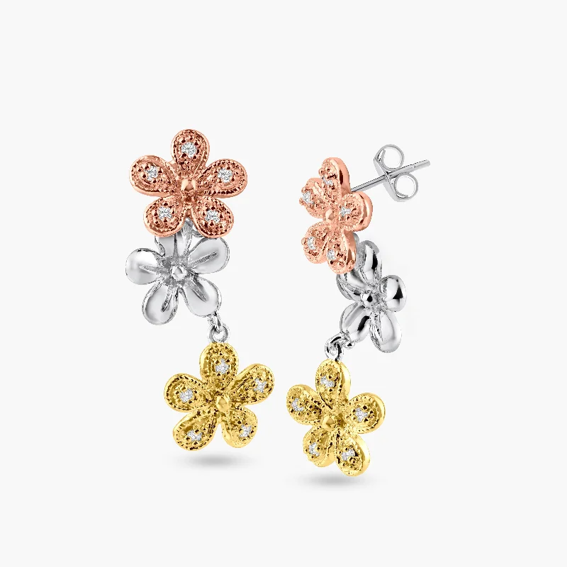 Silver 925 Rhodium Plated Multicolor Flower CZ Dangling Stud Earrings - BGE00187