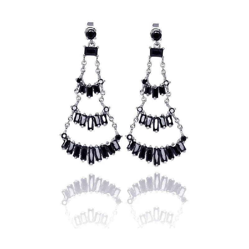 Silver 925 Rhodium Plated Multiple Black Baguette CZ Chandelier Dangling Stud Earrings - STE00547