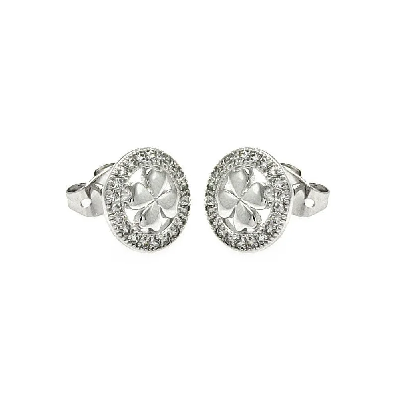 Silver 925 Rhodium Plated Open Circle Clover CZ Stud Earrings - BGE00252