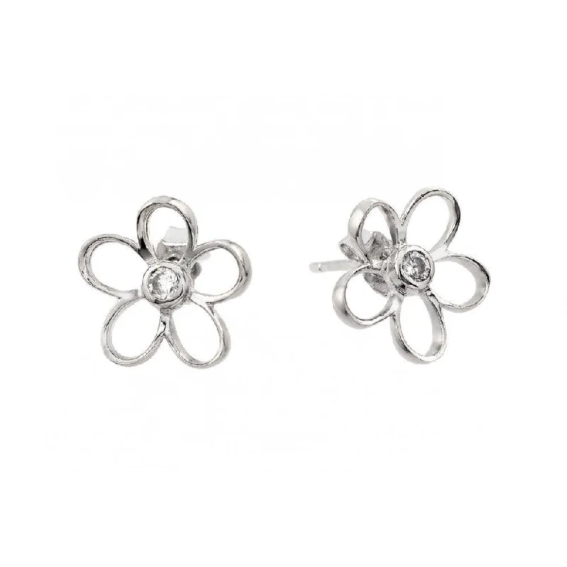 Silver 925 Rhodium Plated Open Flower Center CZ Stud Earrings - BGE00395