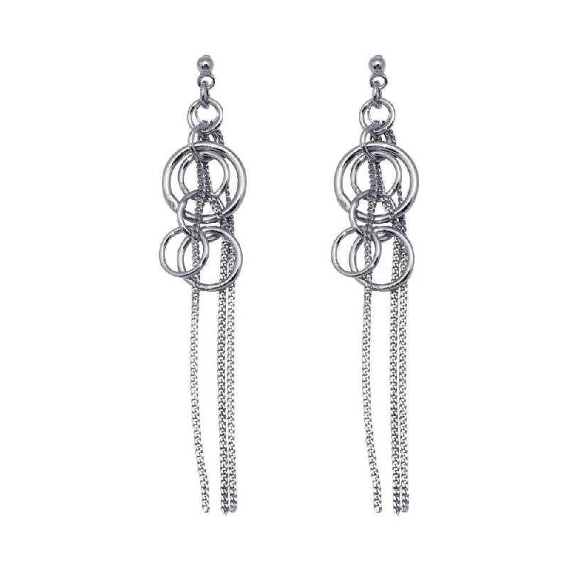 Silver 925 Rhodium Plated Open Graduated Circle Multiple Strand Dangling Chandelier Stud Earrings - DSE00068