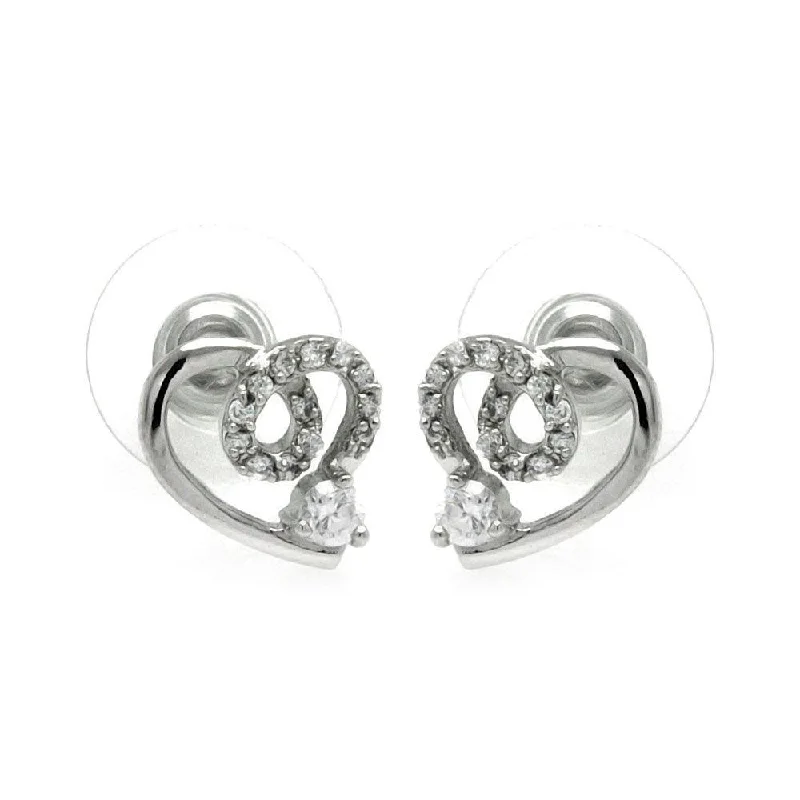 Silver 925 Rhodium Plated Open Heart CZ Outline Stud Earrings - BGE00228