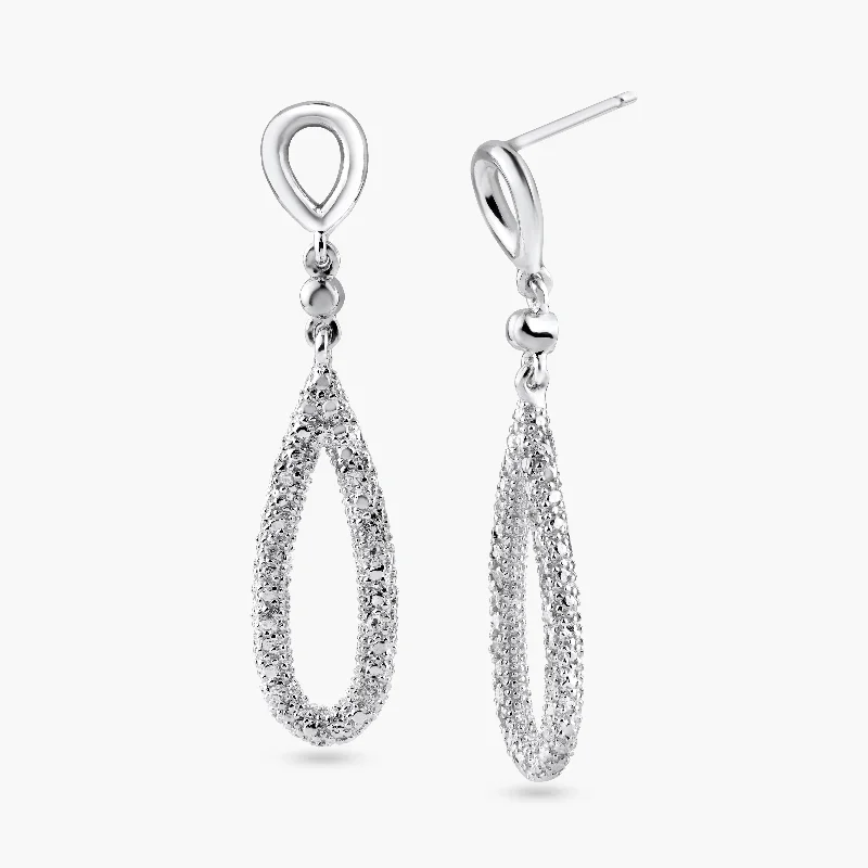 Silver 925 Rhodium Plated Open Teardrop Clear CZ Dangling Stud Earrings - STE00869