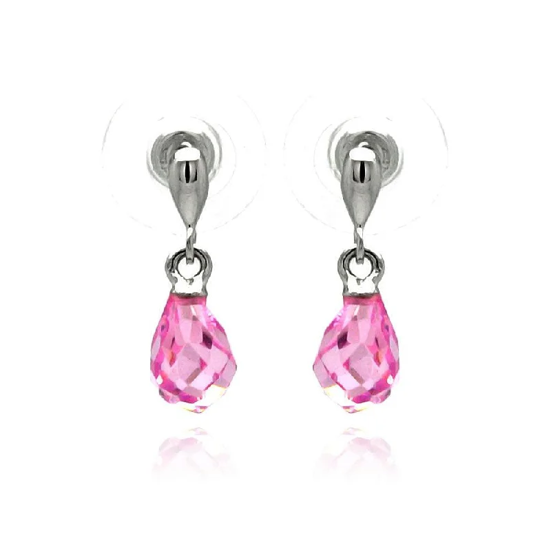 Silver 925 Rhodium Plated Pear Teardrop Pink CZ Dangling Stud Earrings - BGE00235