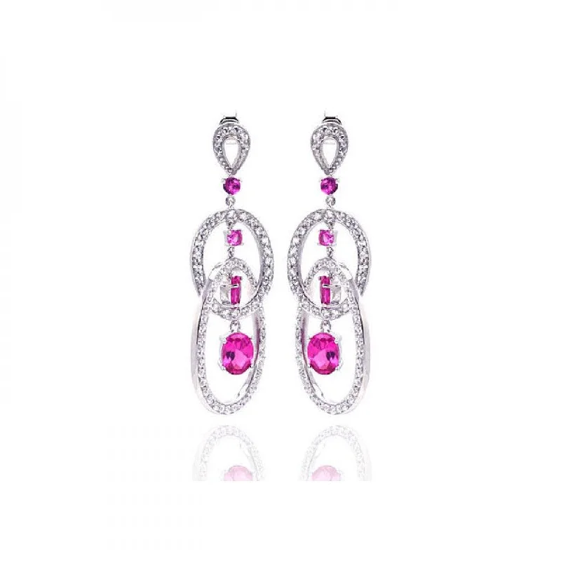 Clearance-Silver 925 Rhodium Plated Pink Multiple Circle Oval Baguette Round CZ Chandelier Dangling Stud Earrings - STE00937