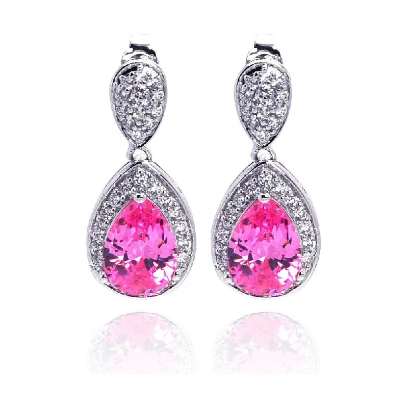 Silver 925 Rhodium Plated Pink Teardrop and Clear CZ Dangling Stud Earrings - STE00670PNK