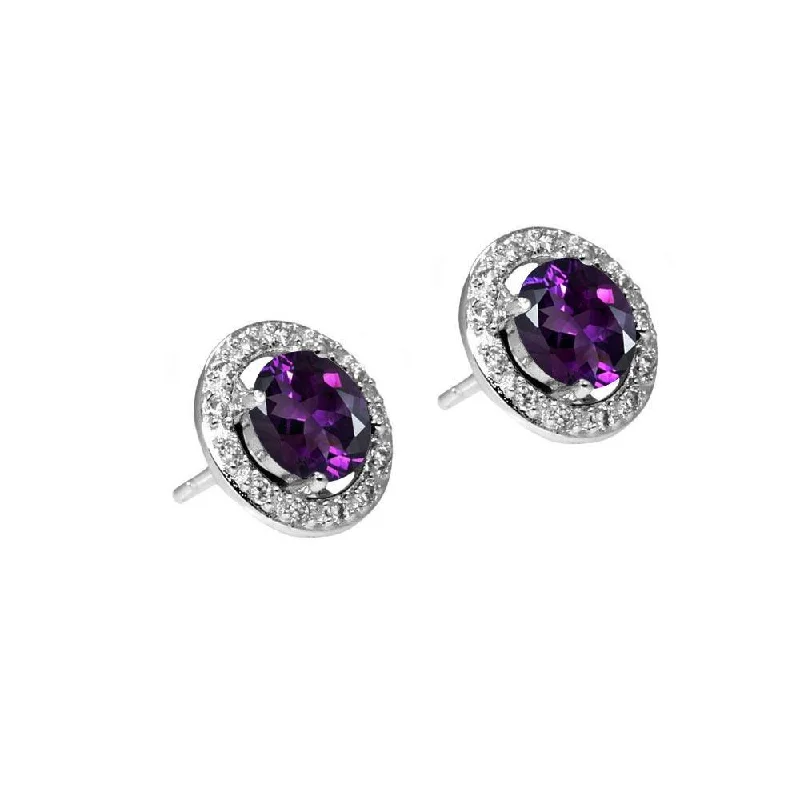 Silver 925 Rhodium Plated Purple and Clear Round CZ Stud Earrings - BGE00332