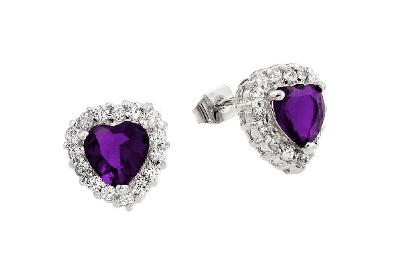 Silver 925 Rhodium Plated Purple Heart CZ Stud Earrings - BGE00367P