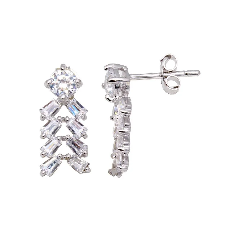 Silver 925 Rhodium Plated Rectangle Baguette CZ Chandelier Stud Earrings - STE00899