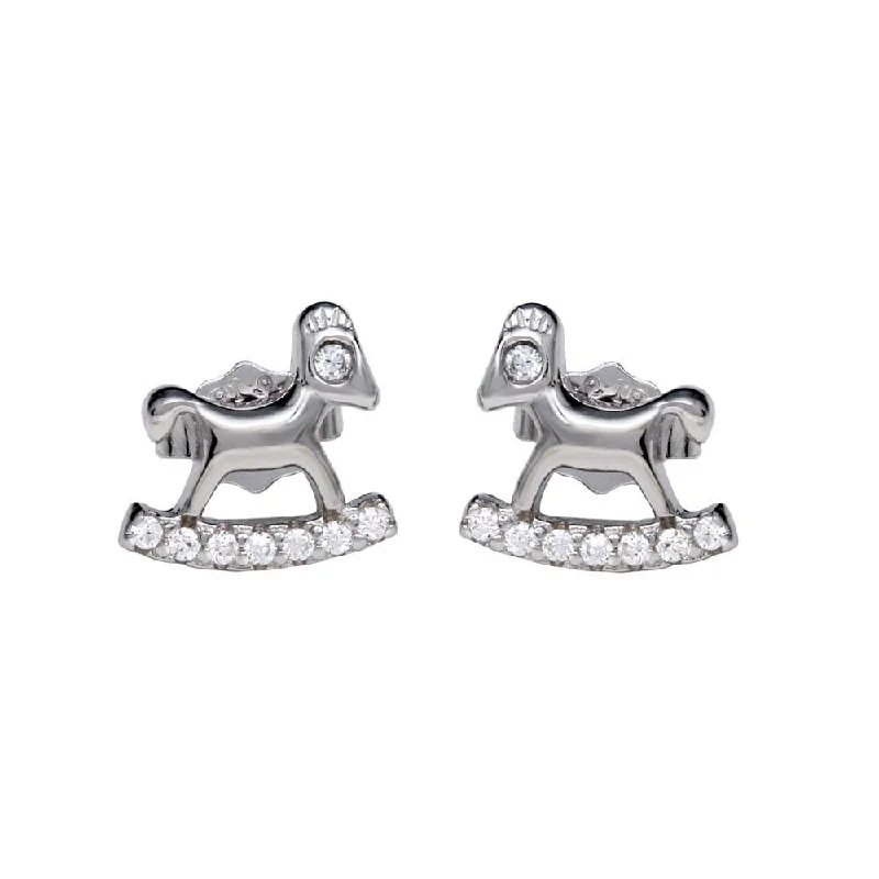 Rhodium Plated 925 Sterling Silver Rocking Horse Stud Earrings with CZ - STE01159RH