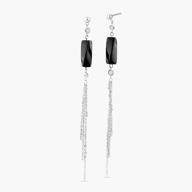 Clearance-Silver 925 Rhodium Plated Round Black Wavy Rectangle CZ Multi Strand Dangling Stud Earrings - STE00283