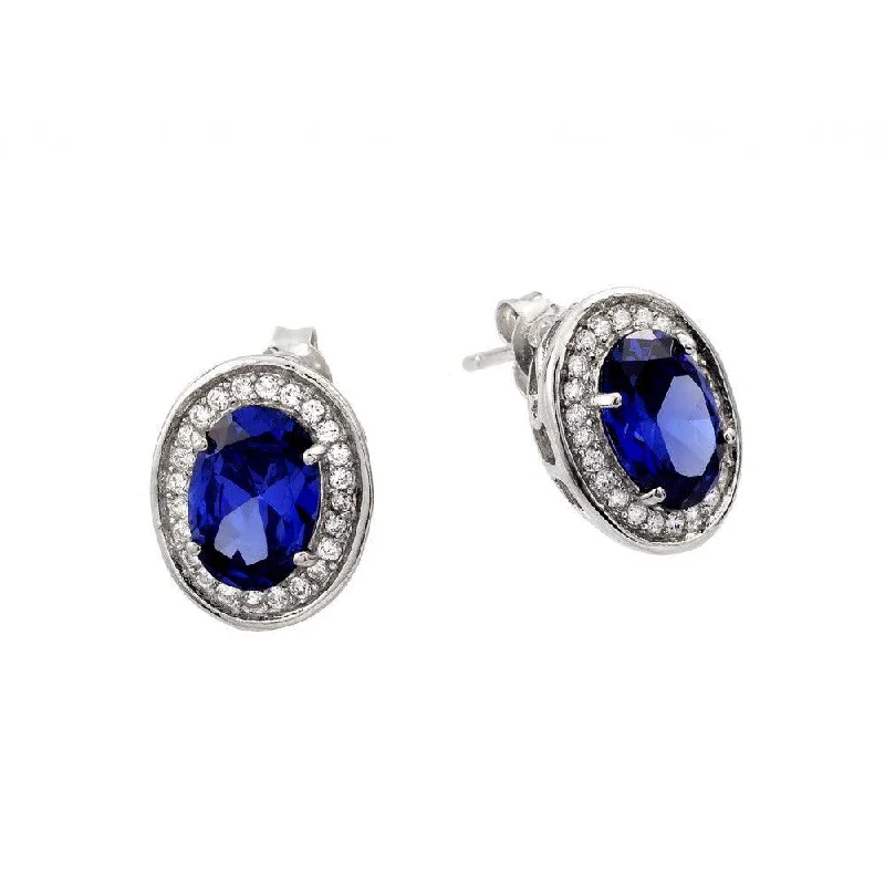 Silver 925 Rhodium Plated Round Blue CZ Stud Earrings - STE00940