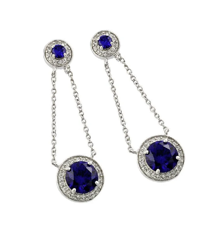 Silver 925 Rhodium Plated Round Blue CZ Wire Dangling Stud Earrings - BGE00373