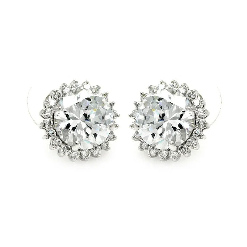 Silver 925 Rhodium Plated Round Center Sun CZ Stud Earrings - BGE00212