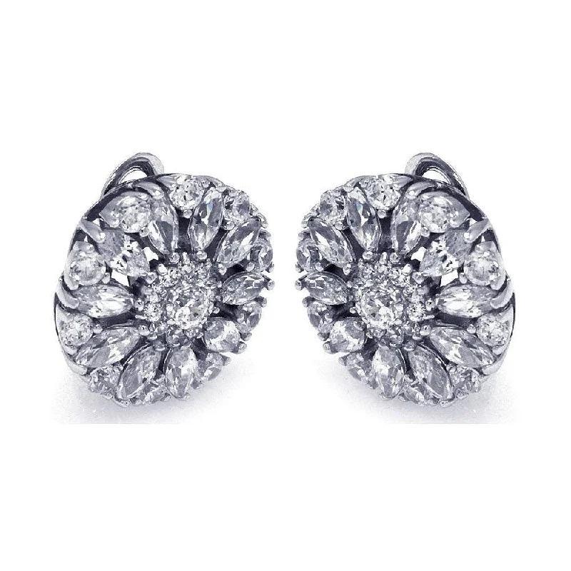 Silver 925 Rhodium Plated Round Flower Clear CZ Stud Earrings - STE00725