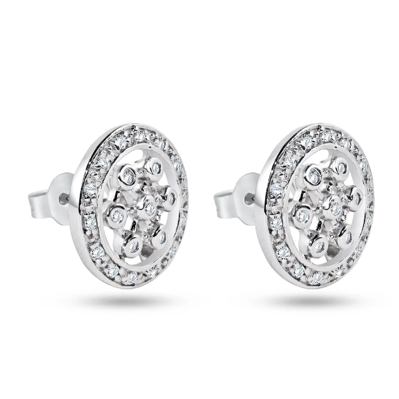 Clearance-Silver 925 Rhodium Plated Round Helm Wheel CZ Stud Earrings - STE00129