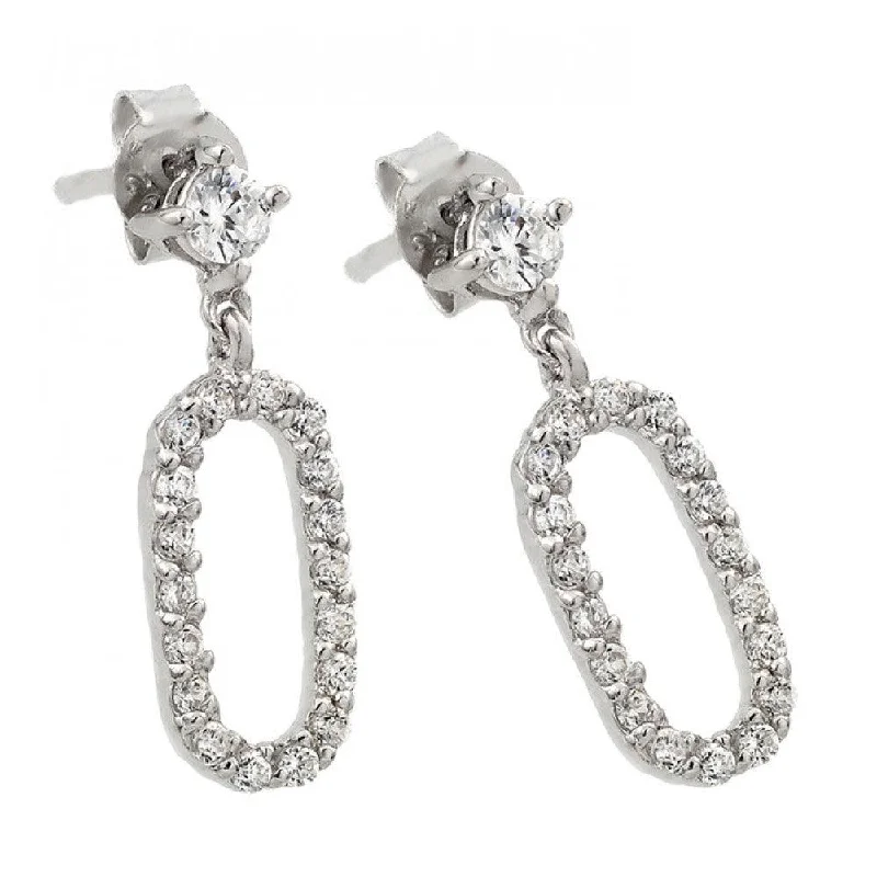 Silver 925 Rhodium Plated Round Oval Clear CZ Dangling Stud Earrings - STE00959