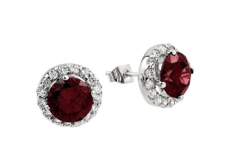 Silver 925 Rhodium Plated Round Red CZ Stud Earrings - BGE00368R