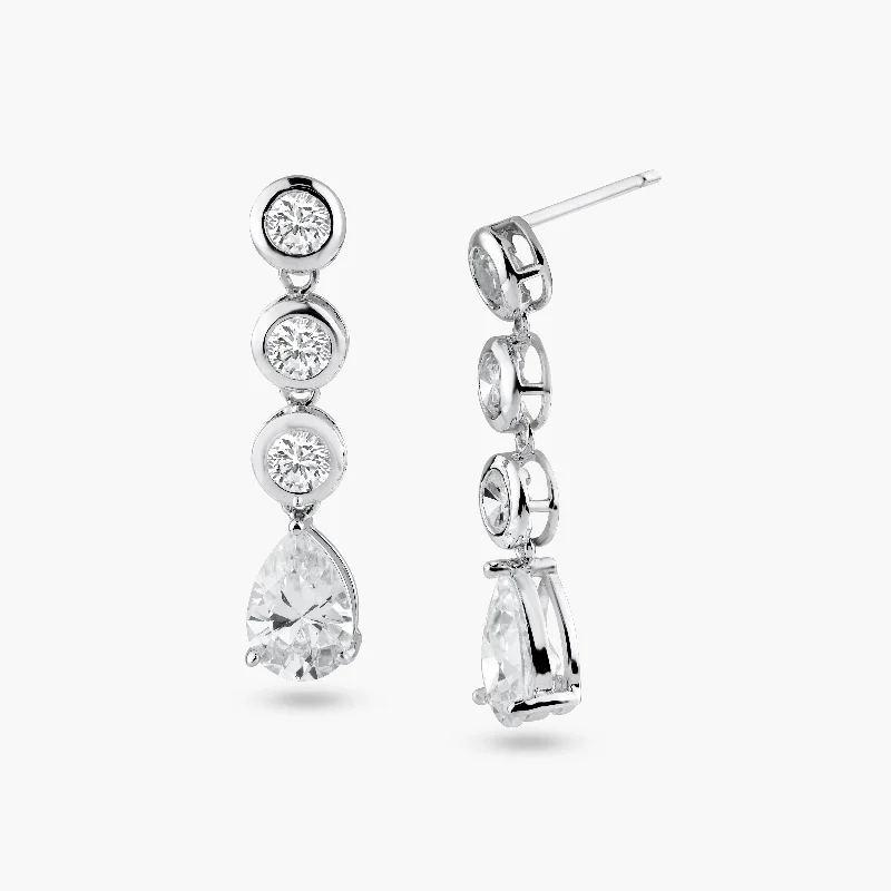 Silver 925 Rhodium Plated Round Teardrop CZ Dangling Stud Earrings - STE00640