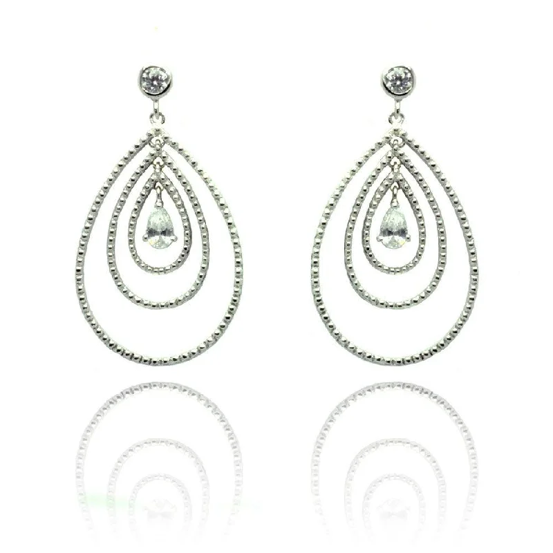 Silver 925 Rhodium Plated Round Teardrop CZ Dangling Stud Earrings - STE00653