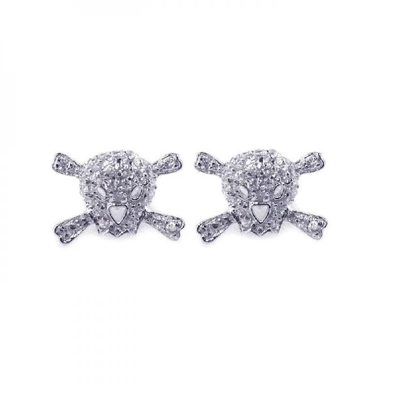 Silver 925 Rhodium Plated Skull CZ Stud Earrings - STE00525