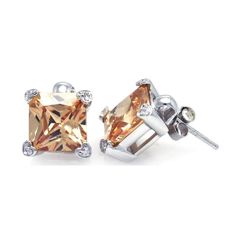 Silver 925 Rhodium Plated Square Champagne CZ Stud Earrings - STE00634CH