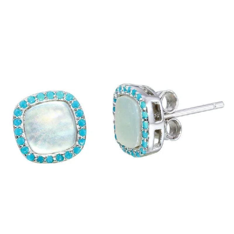 Rhodium Plated 925 Sterling Silver Square Opal Stud Earrings with Blue CZ - STE01117BLU