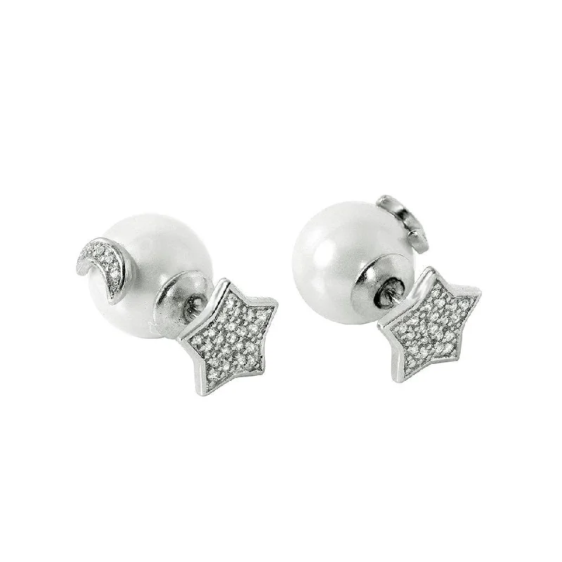 Silver 925 Rhodium Plated Star Moon Pearl Stud Earrings - STE00983